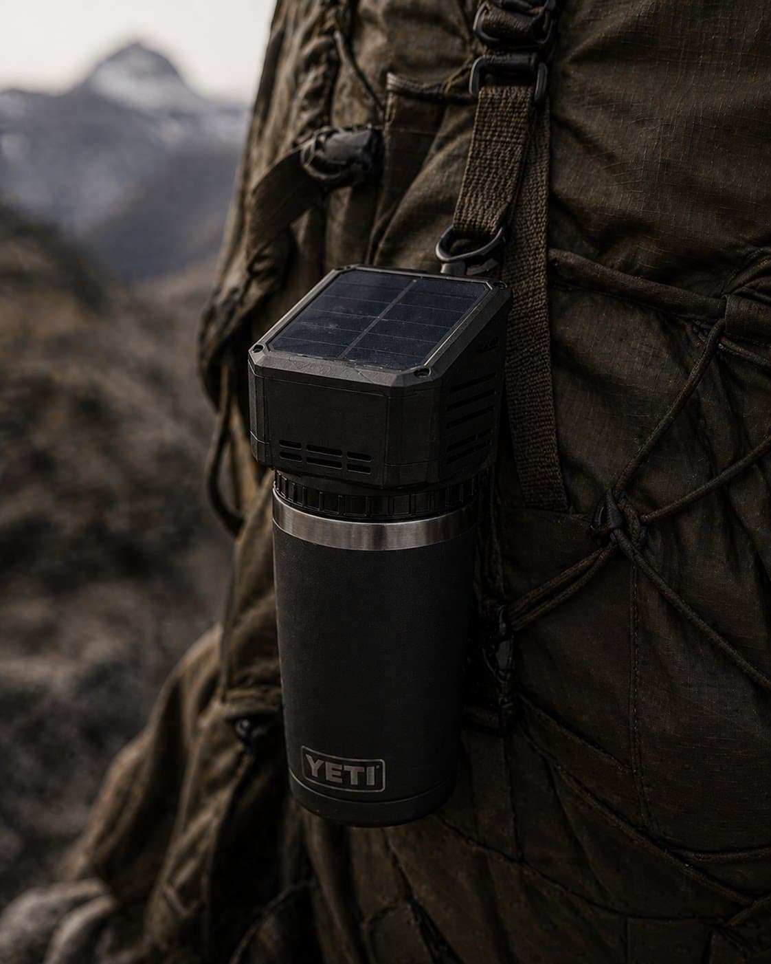 Draft concept of Solara Pod attached to a backpack in the field